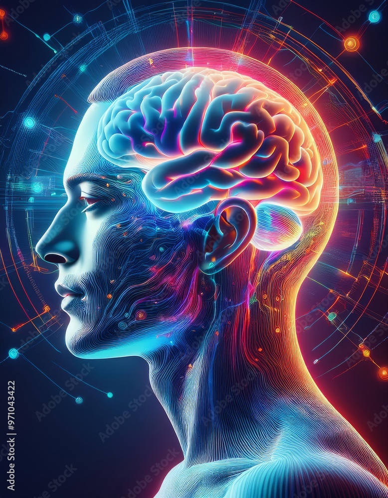 Glowing Brain Surrounded by Holographic Medical Data Glowing Brain Surrounded by Holographic Medical Data