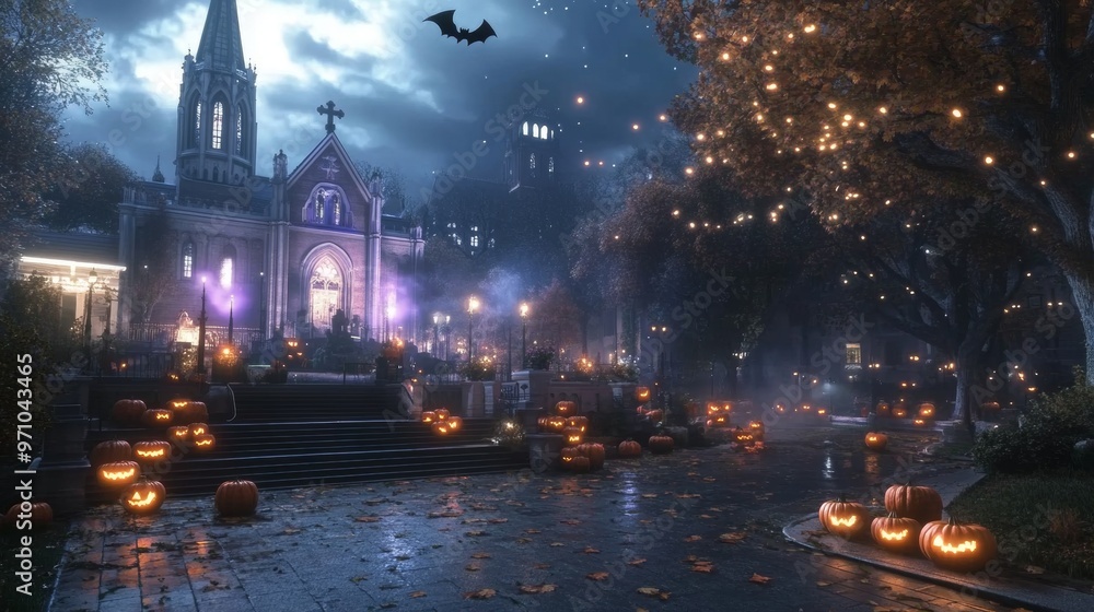Fototapeta premium Haunted church glowing with eerie purple lights jack-o-lanterns scattered across the steps
