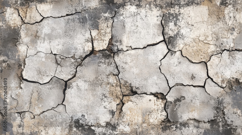 Obraz premium Close-up of grunge texture with cracks and distressed patterns in neutral tones, creating a raw industrial design
