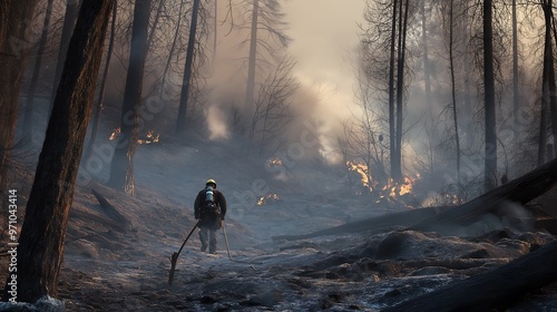 Burnt remains of a forest after a major forest fire and firefighters photo