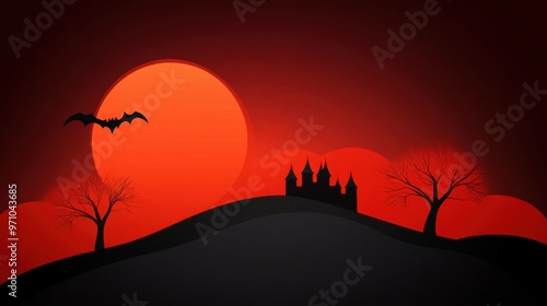 Spooky silhouette of a castle against a haunting red sunset with a flying bat and barren trees, perfect for Halloween themes.