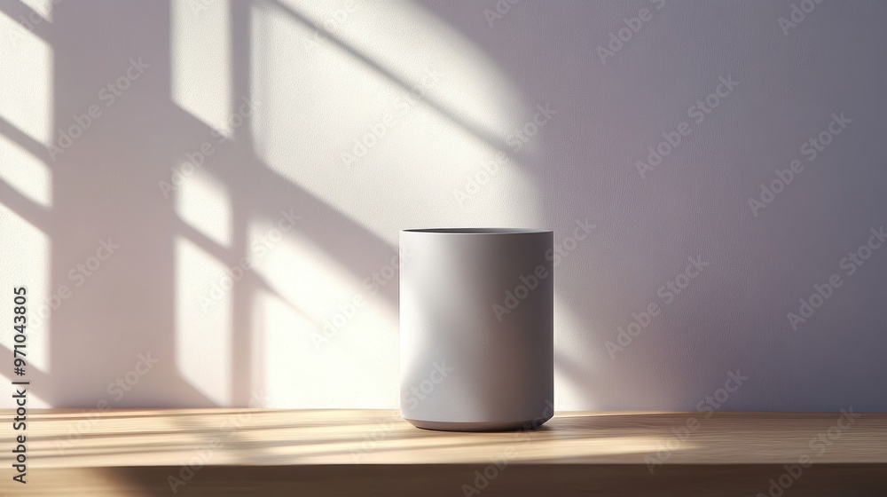 A minimalist white container on a wooden surface, illuminated by soft shadows. A minimalist white container on a wooden surface, illuminated by soft shadows.