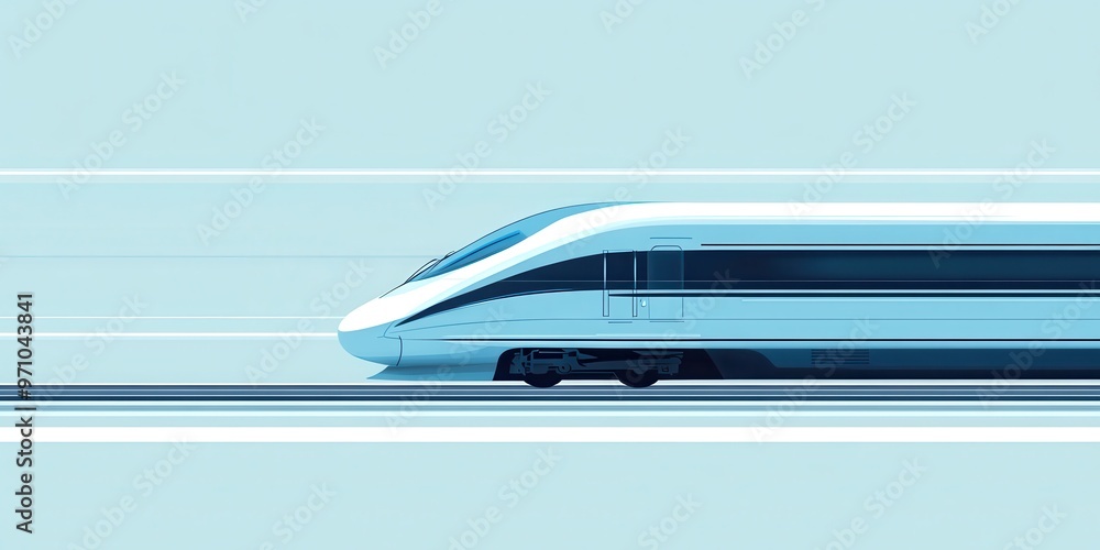 A sleek, modern train in motion, showcasing speed and innovation against a minimalist blue background. A sleek, modern train in motion, showcasing speed and innovation against a minimalist blue background.