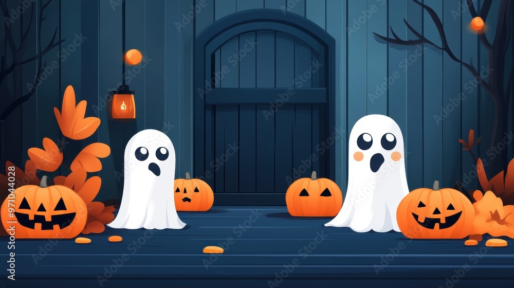 Obraz premium Whimsical ghosts and pumpkins create a festive Halloween scene. Perfect for seasonal decorations and playful designs.