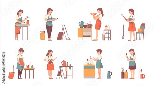 A collection of women engaged in various household chores and activities in a bright and cheerful kitchen setting at home