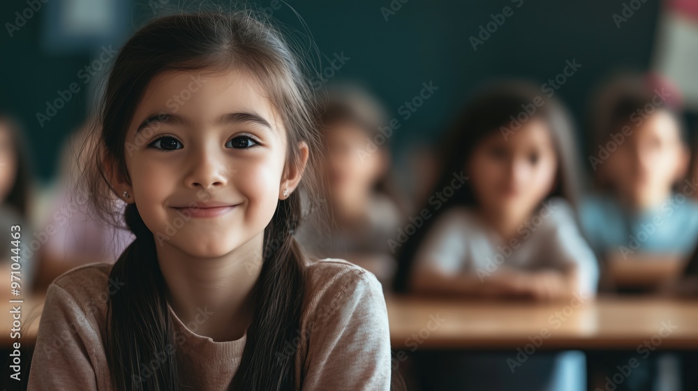 Portrait of a smiling school girl in classroom setting for education themes Portrait of a smiling school girl in classroom setting for education themes