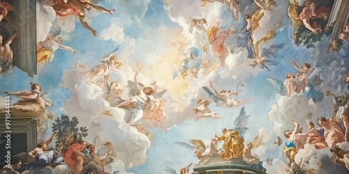 A stunning ceiling mural depicting ethereal figures amidst clouds and heavenly light, showcasing artistic grandeur and divine inspiration.