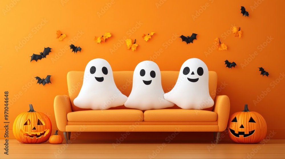 Fototapeta premium A cheerful Halloween scene featuring ghost decorations on a bright orange wall, pumpkins, and a cozy couch.