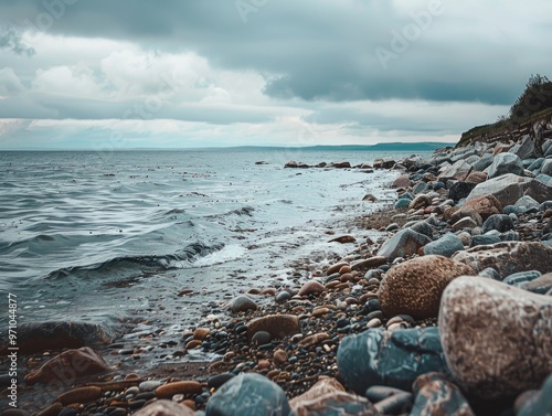 Serene Shoreline: A Rocky Beach Amidst the Storm