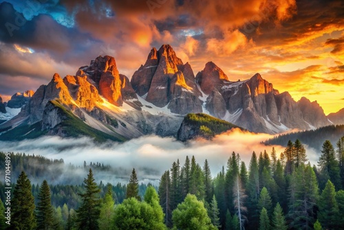 Dramatic sunrise illuminates mist-shrouded peaks of rugged mountain range, showcasing towering granite cliffs, snow-capped summits, and lush alpine forests in serene natural landscape. photo