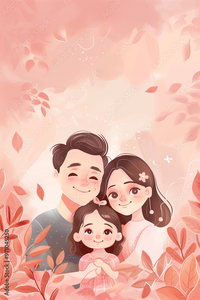 A family of three, a man, a woman and a child, are shown in a drawing of a forest. Scene is warm and loving, as the family is depicted as being close and happy together A family of three, a man, a woman and a child, are shown in a drawing of a forest. Scene is warm and loving, as the family is depicted as being close and happy together