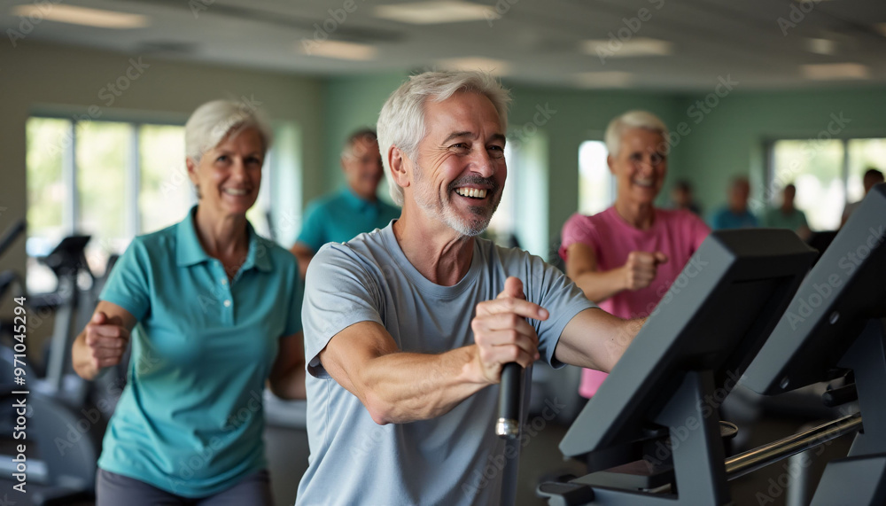 a man smiles as he walks on a treadmill with people in the background a man smiles as he walks on a treadmill with people in the background