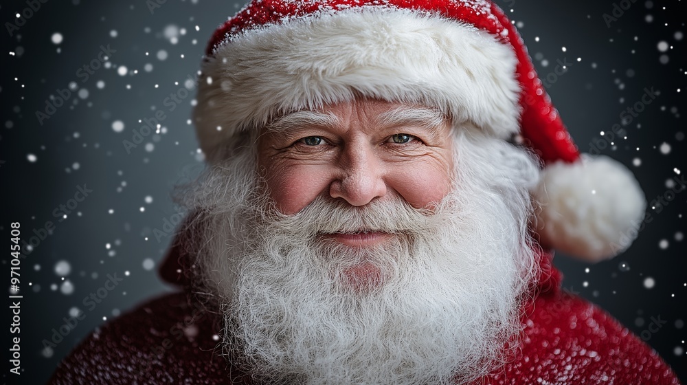 A smiling santa with a red hat and beard. He is wearing a red sweater and has snow on his hat A smiling santa with a red hat and beard. He is wearing a red sweater and has snow on his hat