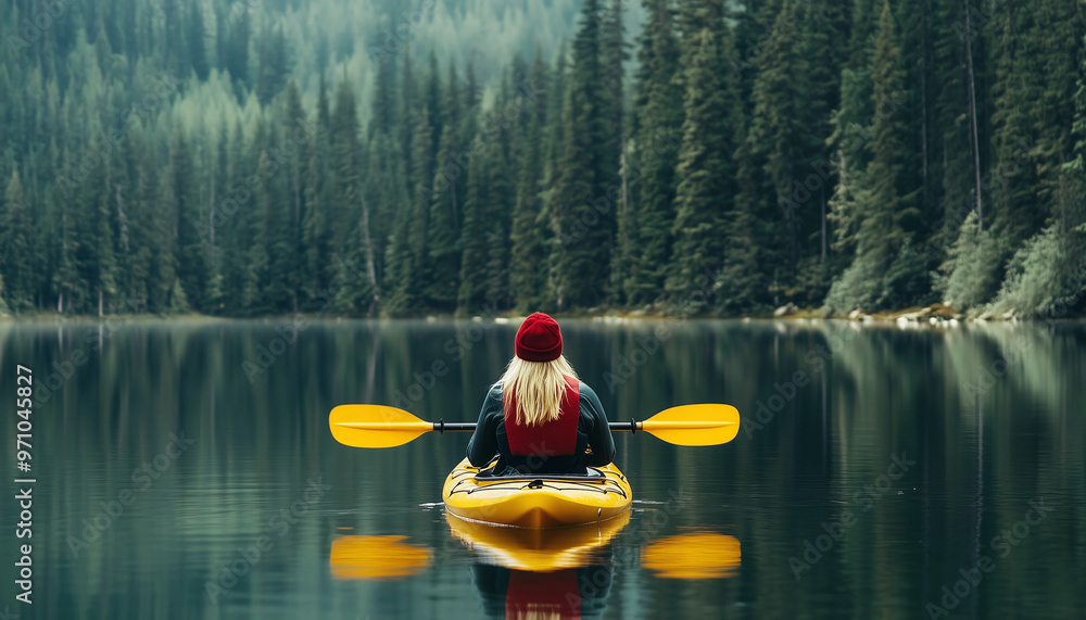 Woman is floating in yellow kayak on lake surrounded by pine forest, peaceful outdoor adventure, nature exploration in autumnal vibrant colors. Active people, solo kayaking, wilderness escape concept Woman is floating in yellow kayak on lake surrounded by pine forest, peaceful outdoor adventure, nature exploration in autumnal vibrant colors. Active people, solo kayaking, wilderness escape concept