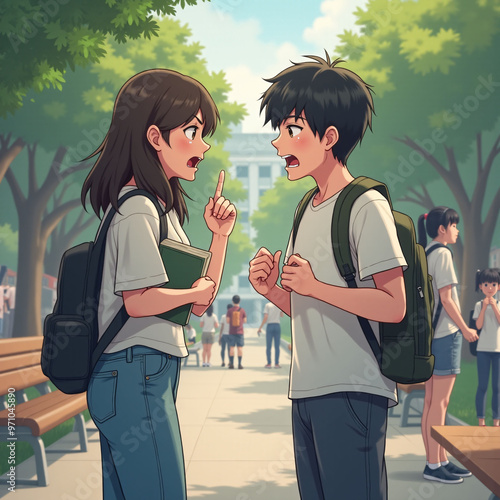 a cartoon illustration of a girl and boy reading a book