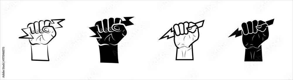 icon set Lightning holding in hand. Vector illustration flat design. Gesture with a fist. Symbol of victory and leader. icon set Lightning holding in hand. Vector illustration flat design. Gesture with a fist. Symbol of victory and leader.