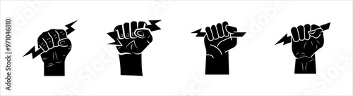 icon set Lightning holding in hand. Vector illustration flat design. Gesture with a fist. Symbol of victory and leader. 