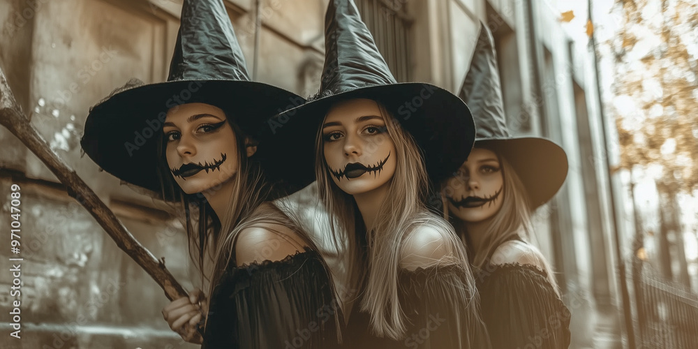 Halloween Group Costume: Female Friends in Witch Outfits and Face Paint Halloween Group Costume: Female Friends in Witch Outfits and Face Paint