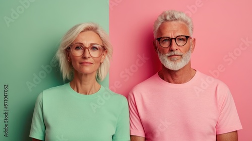 An elderly couple, both wearing glasses, standing side by side against a pastel split green and pink background, exuding harmony, wisdom, and life experiences.