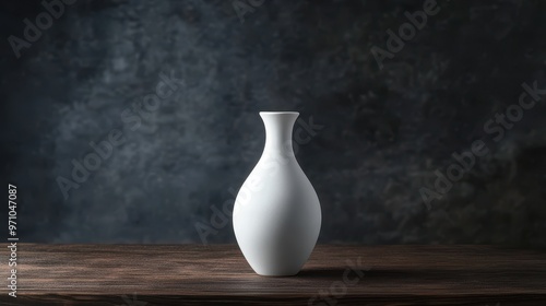 A minimalist white vase on a wooden surface against a dark textured background.