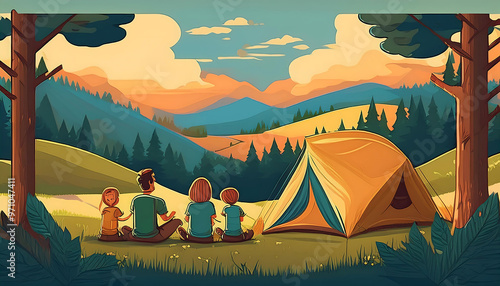  Family camping together with tent in a natural setting – A heartwarming illustration of a f_1(107) photo