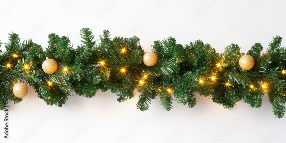 Festive Christmas garland with minimalistic decor, green needles, lights for winter holiday decorations. Isolated on white background and copy space Festive Christmas garland with minimalistic decor, green needles, lights for winter holiday decorations. Isolated on white background and copy space