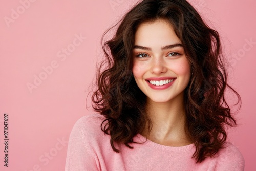 A cheerful young woman with wavy brunette hair and a beaming smile, dressed in a pink top, set against a complementary pink background. with generative ai