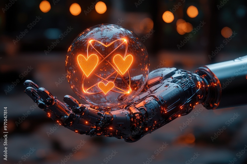 Robot Hand Holding a Glass Sphere with Hearts Robot Hand Holding a Glass Sphere with Hearts