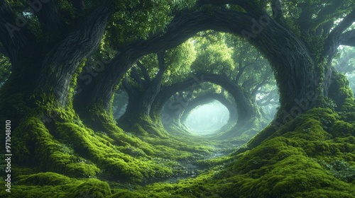 Fantasy Oak Trees Enveloped in Fog with Vibrant Moss