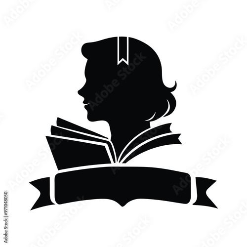 Silhouette, female profile, book reader, open book pages, bookworm logo, education symbol, library icon, black and white, minimalist design,