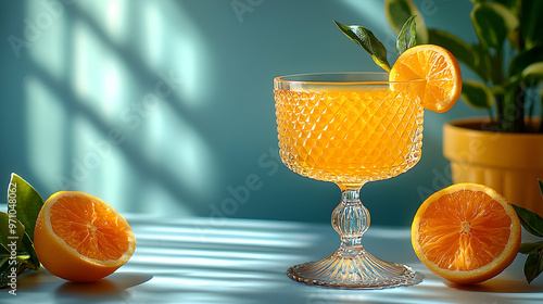 Glass of Orange Juice with Orange Slices and Leaves - Still Life Photo