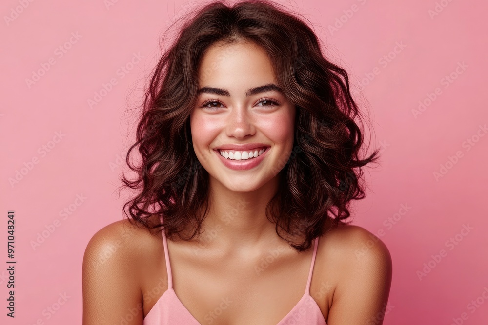 A cheerful young woman with wavy brunette hair and a beaming smile, dressed in a pink top, set against a complementary pink background. with generative ai A cheerful young woman with wavy brunette hair and a beaming smile, dressed in a pink top, set against a complementary pink background. with generative ai