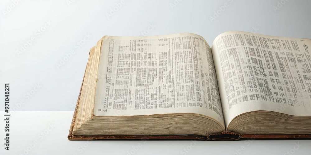Fototapeta premium An open vintage book displaying detailed text, showcasing the beauty of printed words and knowledge in a classic format.