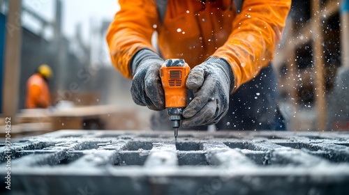 Close-up of a construction worker fastening items on a pallet with a drill, dust in the air, in a dynamic workshop environment