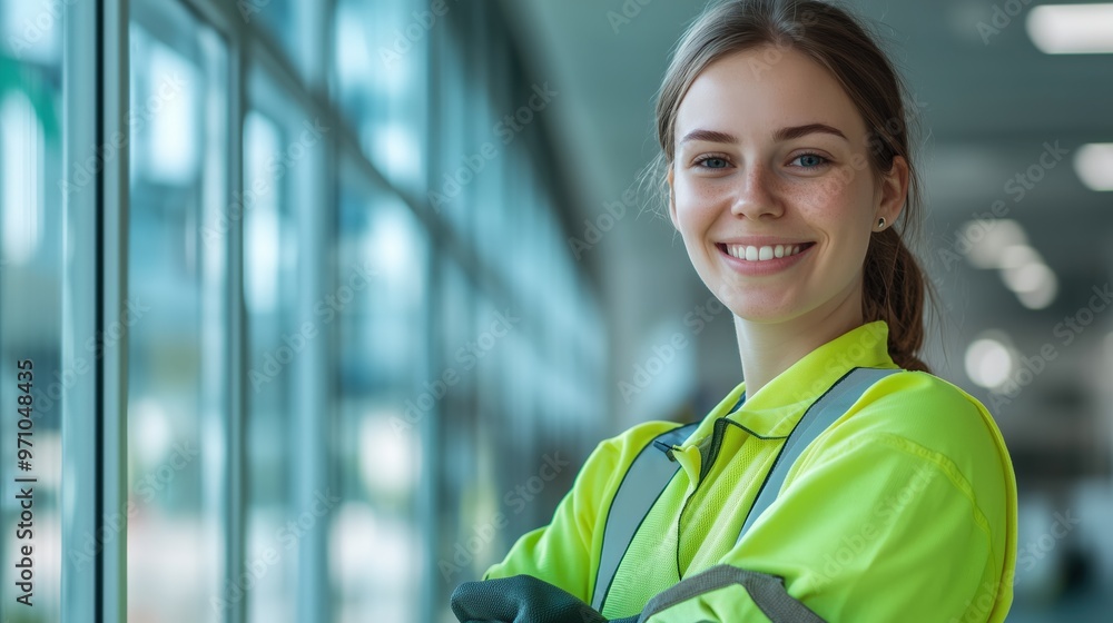 Smiling female cleaning staff in uniform near large windows for spring cleaning campaign Smiling female cleaning staff in uniform near large windows for spring cleaning campaign