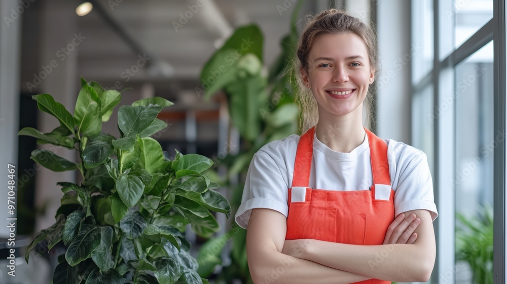 Smiling female cleaning staff in vibrant uniform for spring cleaning inspiration