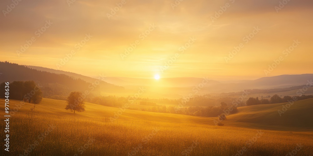 Breathtaking sunrise over misty hills, illuminating golden fields and creating a serene landscape perfect for nature lovers. Breathtaking sunrise over misty hills, illuminating golden fields and creating a serene landscape perfect for nature lovers.