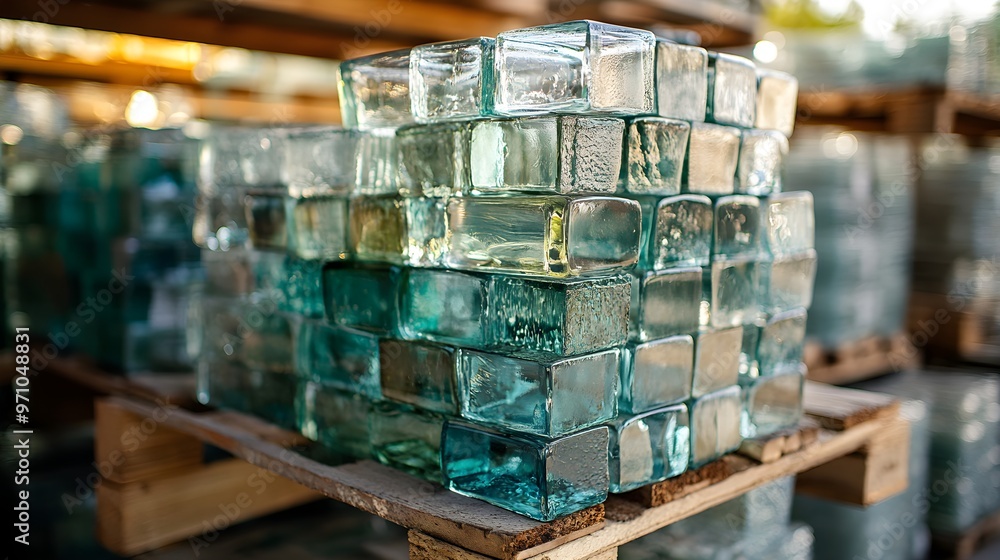 Close-up of a pallet filled with glass items, carefully wrapped in protective layers, emphasizing the fragility and secure packaging Close-up of a pallet filled with glass items, carefully wrapped in protective layers, emphasizing the fragility and secure packaging