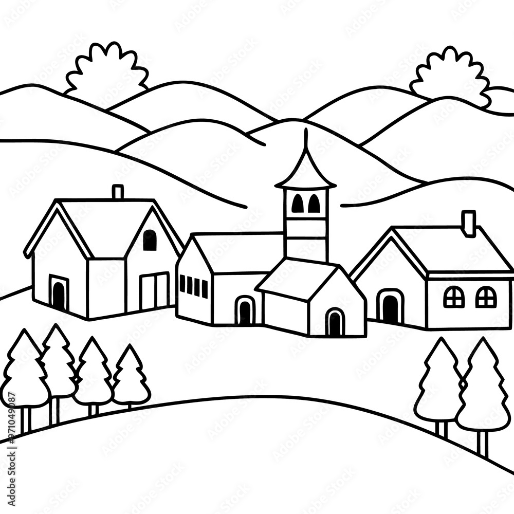 Fototapeta premium rural village scene outline coloring book page line art drawing