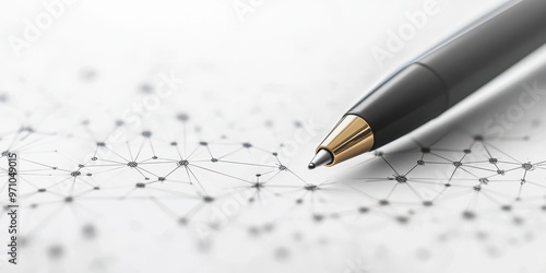 Close-up of a pen resting on a sheet with a network of dots and lines, symbolizing connections and creativity.