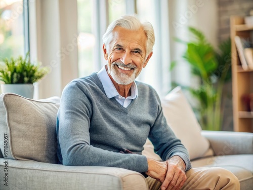 Elegant senior adult with grey hair and warm smile, dressed in casual attire, sits comfortably in a cozy living room with soft natural light.