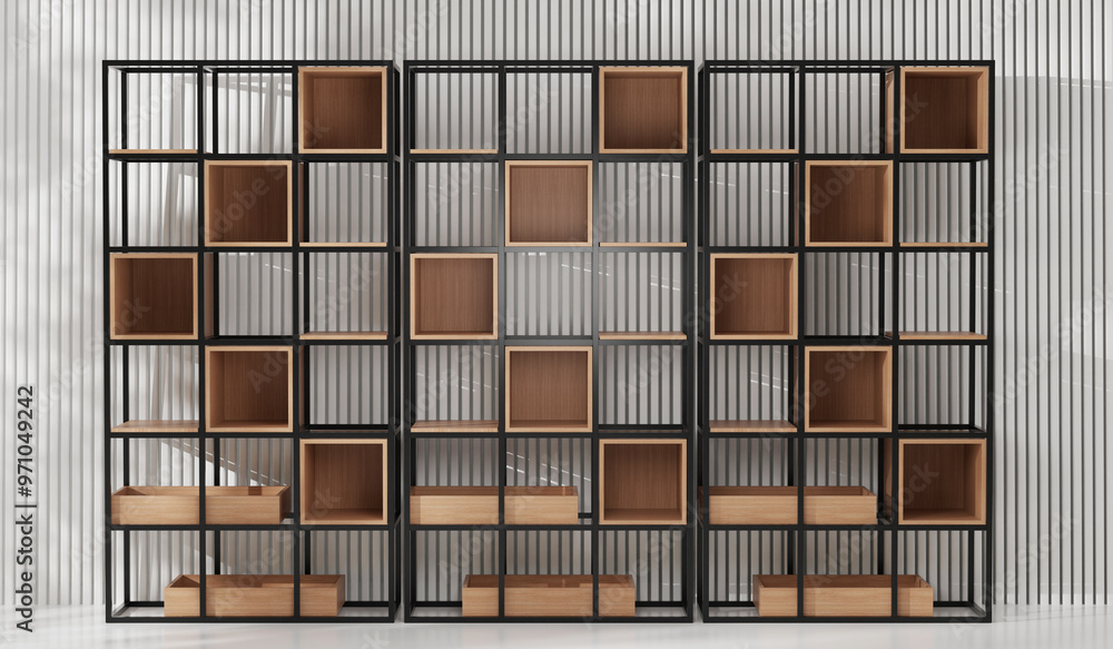 Shelves, square wooden shelves in a simple room, modern style, 3D rendering Shelves, square wooden shelves in a simple room, modern style, 3D rendering