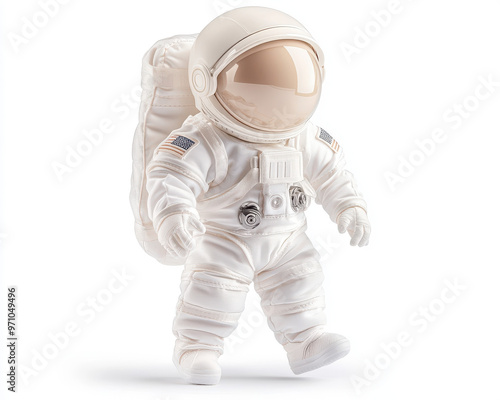 A white astronaut in a spacesuit is walking on a white background