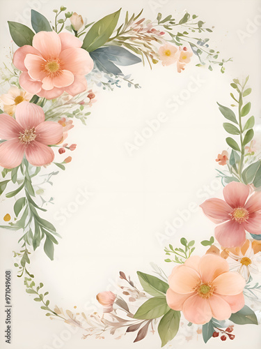 Vintage floral wreath greeting card with roses, pastel colors, and delicate greenery for wedding invitations, birthday greetings, or special messages - customizable digital template