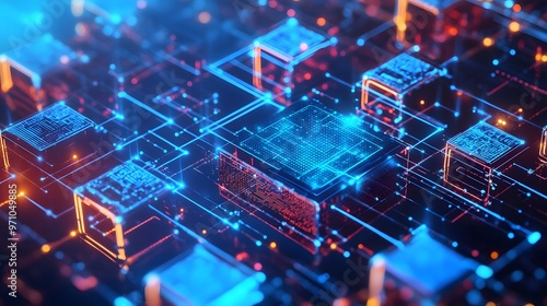 Blockchain technology and AI data processing visualized in a modern design