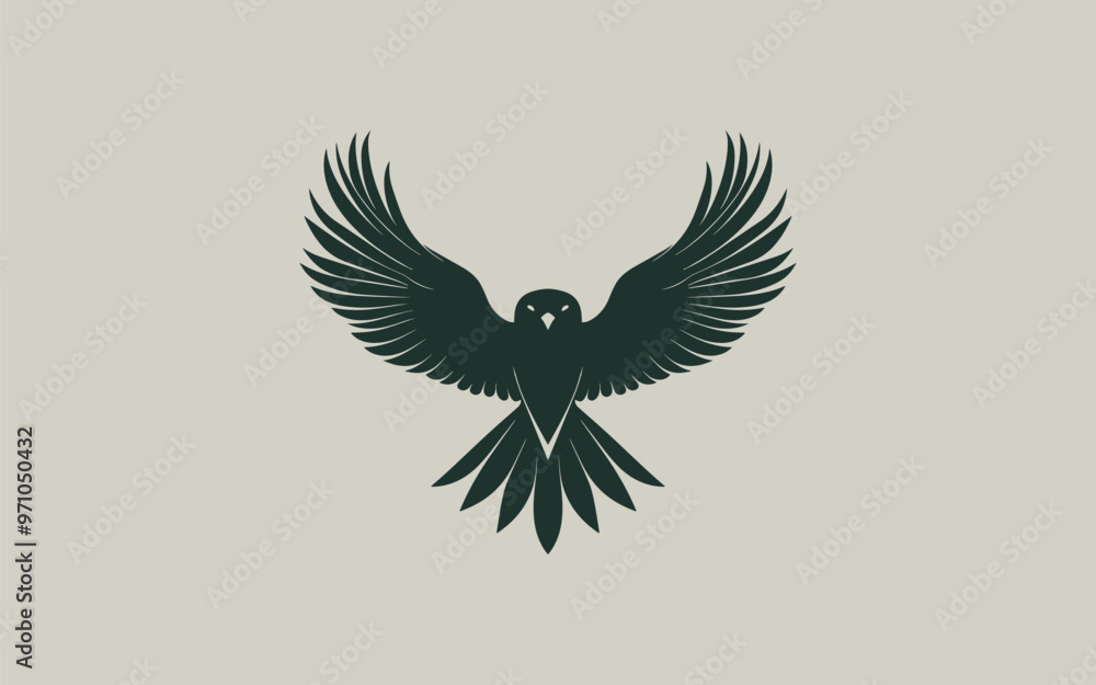 Fototapeta premium A sleek and minimalistic falcon logo featuring a bird with outstretched wings in a symmetrical design. The dark green falcon silhouette contrasts sharply against a light background, creating a clean a