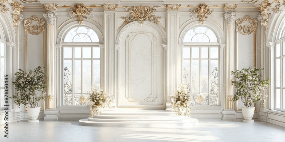 Elegant interior of a luxurious hall with white walls, ornate details, and large windows, perfect for events or photography. Elegant interior of a luxurious hall with white walls, ornate details, and large windows, perfect for events or photography.