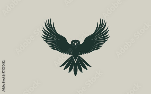 A sleek and minimalistic falcon logo featuring a bird with outstretched wings in a symmetrical design. The dark green falcon silhouette contrasts sharply against a light background, creating a clean a