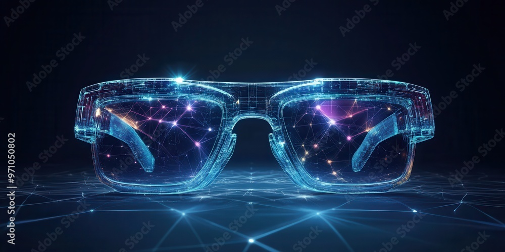 Futuristic augmented reality glasses with a sleek design and cosmic elements, showcasing advanced technology and digital innovation. Futuristic augmented reality glasses with a sleek design and cosmic elements, showcasing advanced technology and digital innovation.