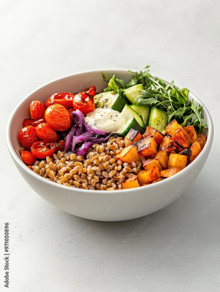 A nutritious bowl featuring roasted vegetables, grains, and fresh toppings. A nutritious bowl featuring roasted vegetables, grains, and fresh toppings.